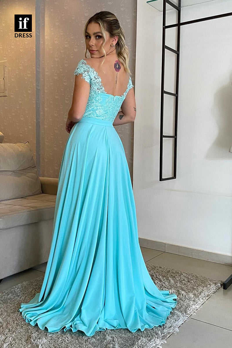 34472 - A-Line Off Shoulder Lace Appliques Belt Prom Formal Evening Dress