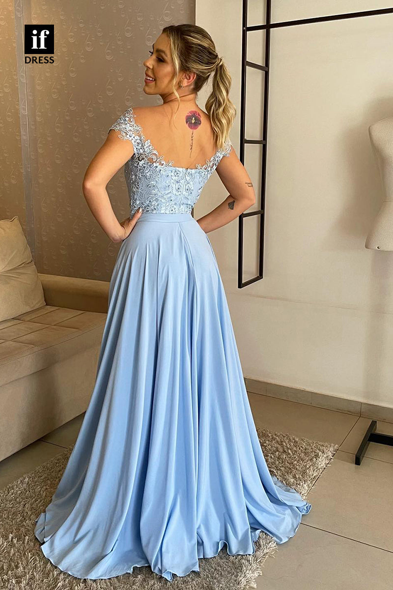 34472 - A-Line Off Shoulder Lace Appliques Belt Prom Formal Evening Dress