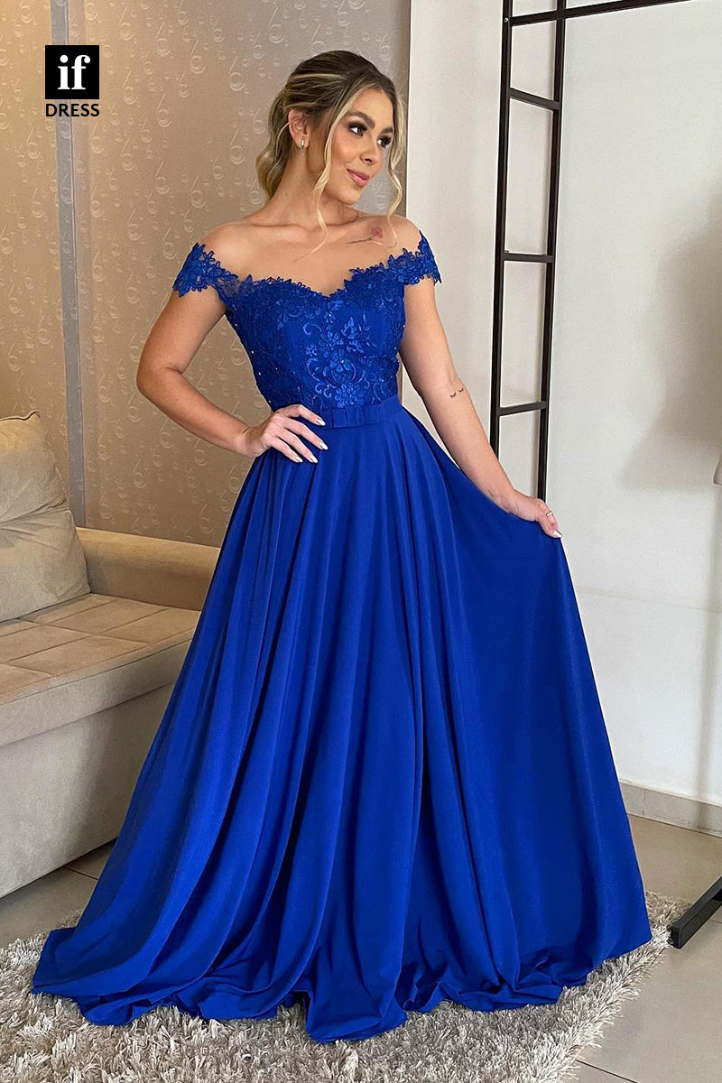 34472 - A-Line Off Shoulder Lace Appliques Belt Prom Formal Evening Dress