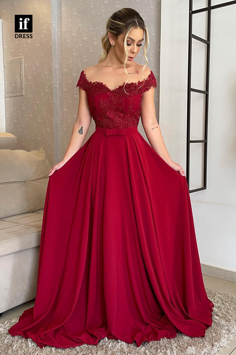 34472 - A-Line Off Shoulder Lace Appliques Belt Prom Formal Evening Dress