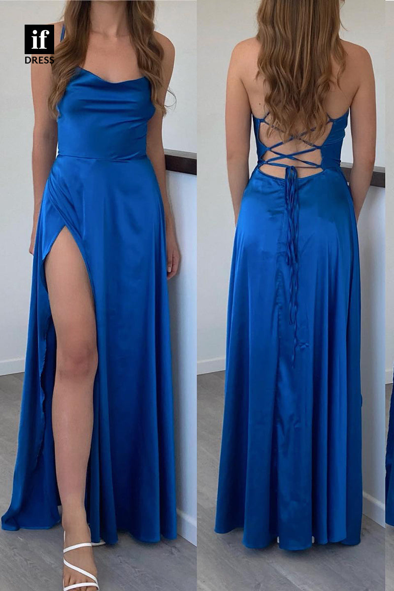 34477 - Spaghetti Straps Side Slit Scoop Sheath Prom Formal Bridesmaid Dress