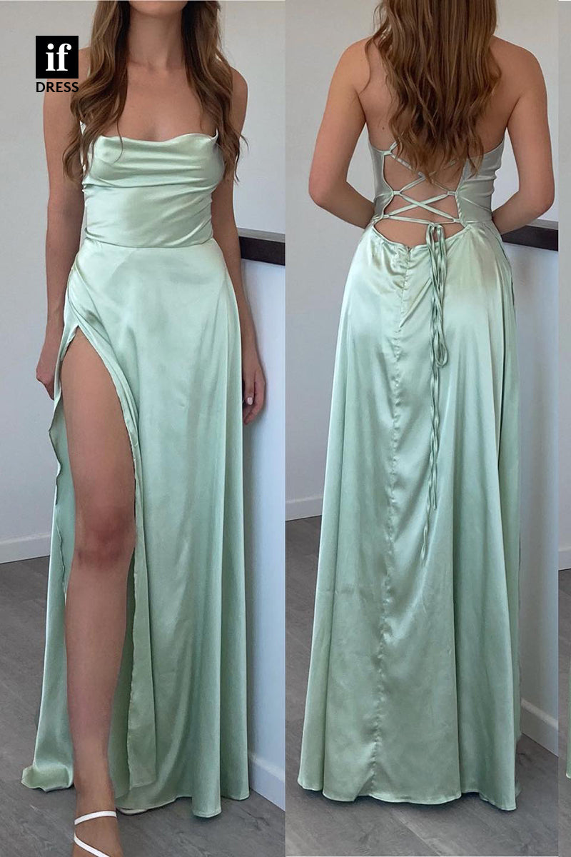 34477 - Spaghetti Straps Side Slit Scoop Sheath Prom Formal Bridesmaid Dress