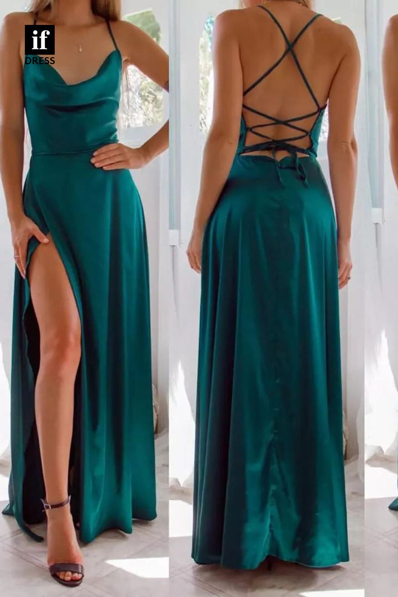 34477 - Spaghetti Straps Side Slit Scoop Sheath Prom Formal Bridesmaid Dress