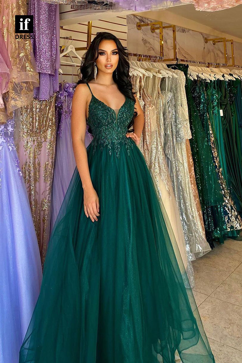 34480 - Charming Spaghetti Straps V-Neck Tulle Prom Evening Formal Dress