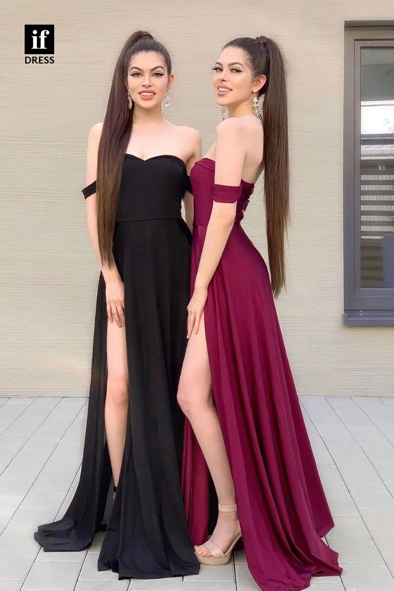 34522 - Chic Off Shoulder Ruched Side Slit Prom Evening Formal Dress