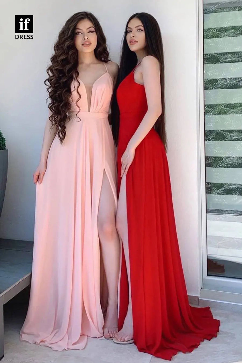 34523 - Chic Spaghetti Straps V-Neck Side Slit Prom Evening Formal Dress