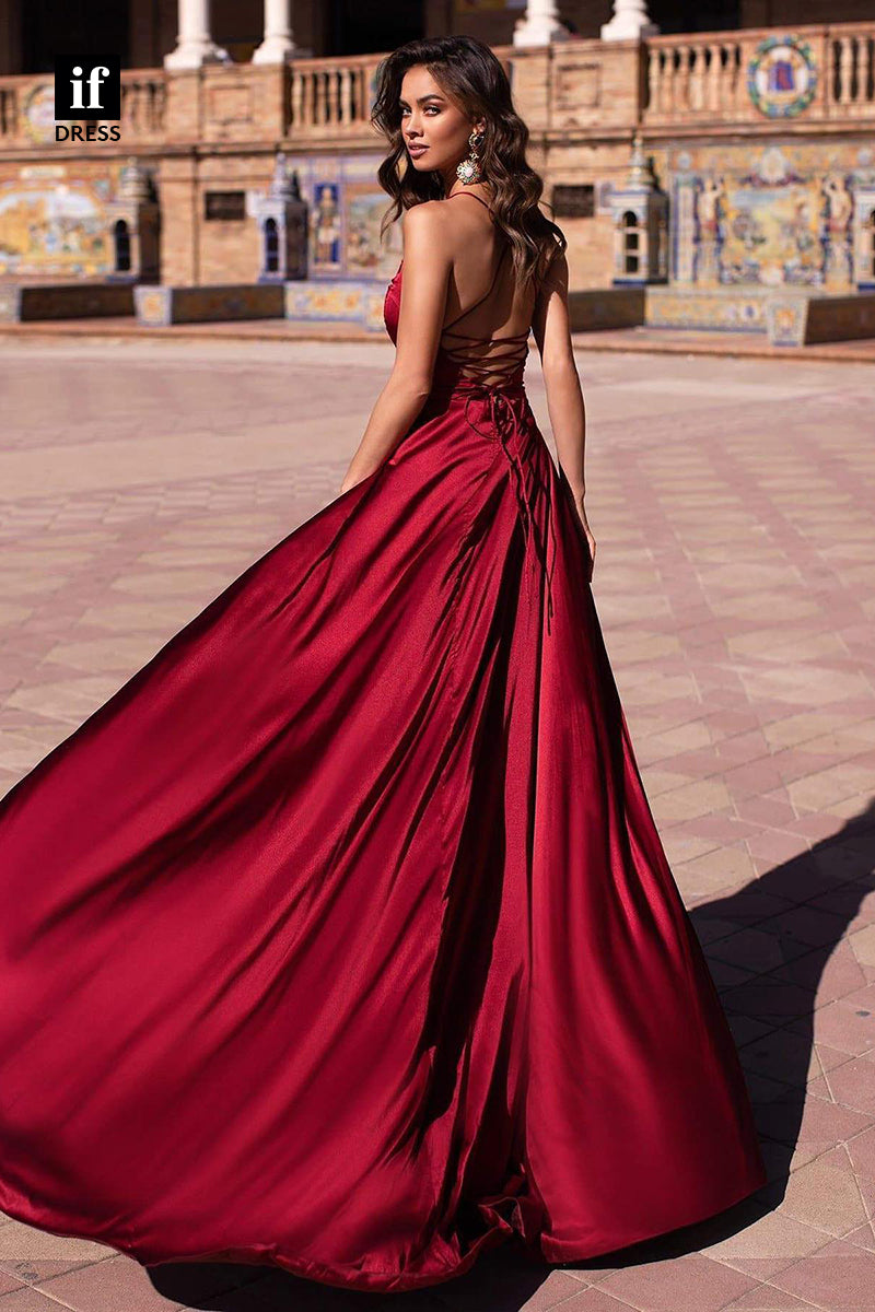 34575 - Sexy V-Neck Spaghetti Straps High Slit Prom Evening Formal Dress