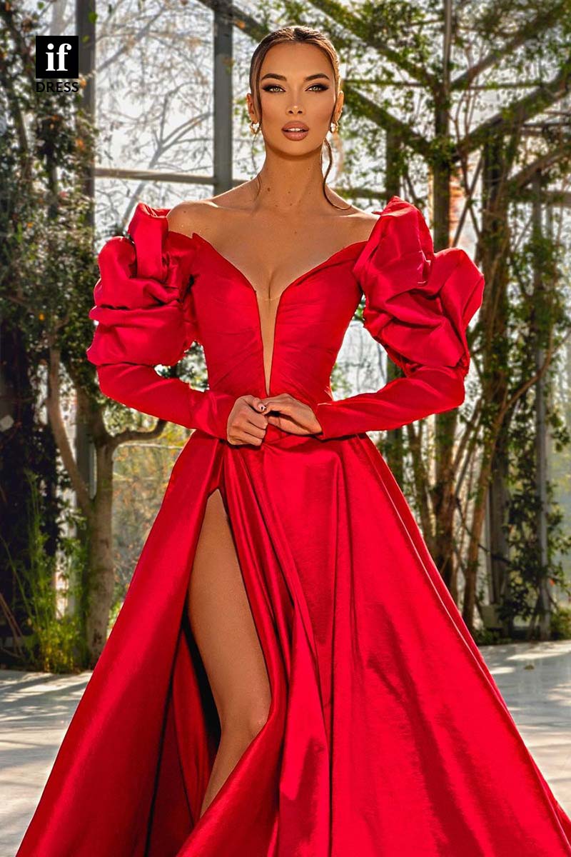 34578 - Unique Off Shoulder Long Sleeves A-Line Prom Evening Formal Dress