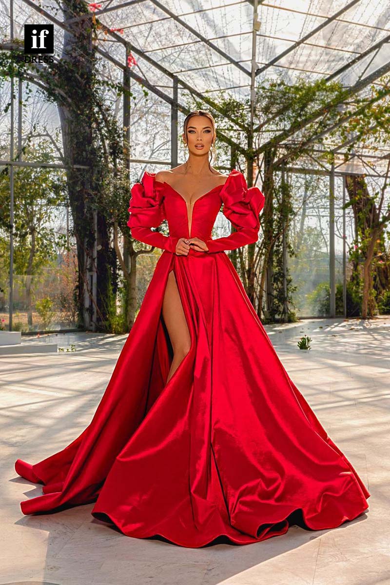 34578 - Unique Off Shoulder Long Sleeves A-Line Prom Evening Formal Dress