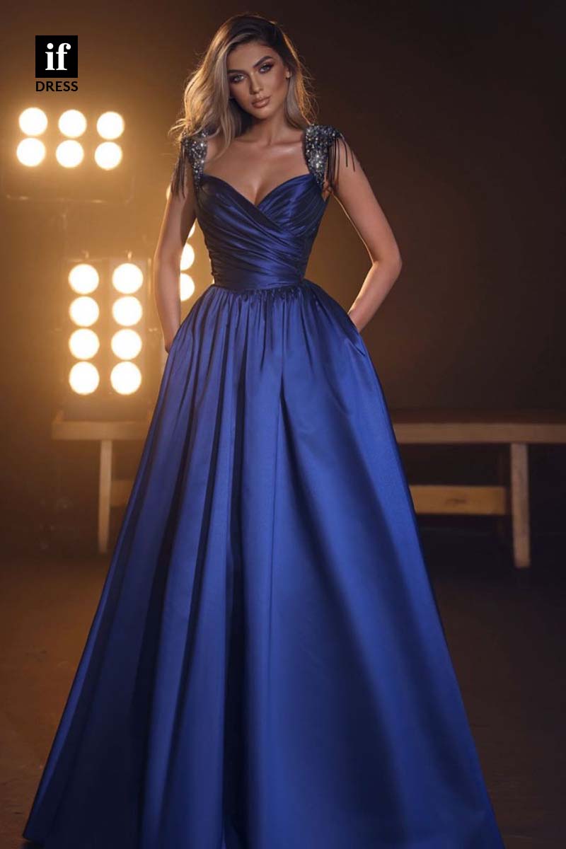 34587 - Attractive Straps A-Line Beads Pleats Prom Evening Formal Dress with Pockets