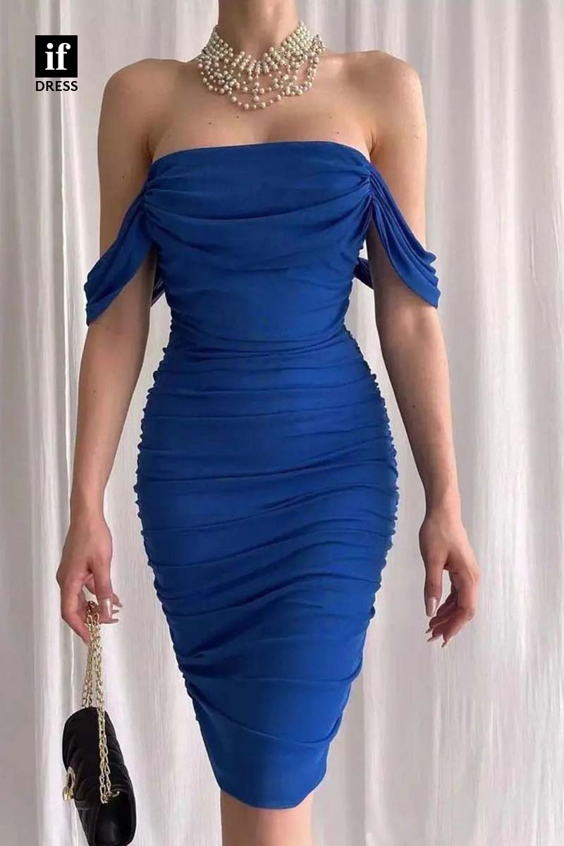 34596 - Chic Strapless Ruched Sheath Cap Sleeves Prom Evening Formal Dress