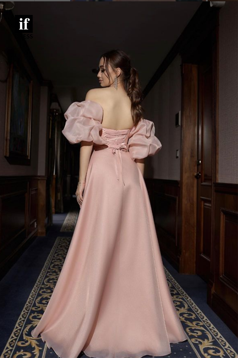 34598 - Charming Off Shoulder A-Line Side Slit Pleatd Prom Evening Formal Dress