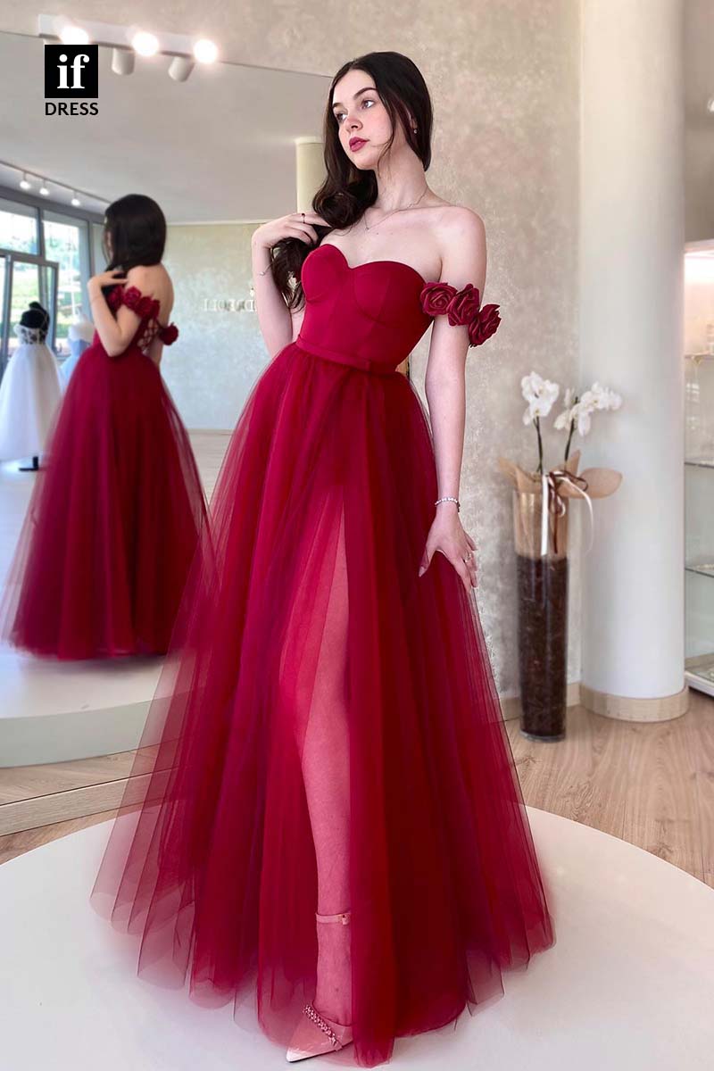 34609 - Wonderful Off Shoulder Sweetheart A-Line Slit Tulle Prom Evening Formal Dress