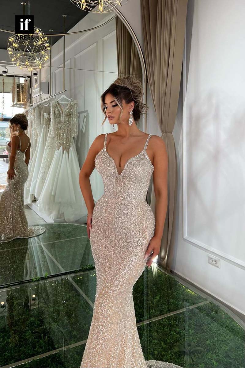 34613 - Generous Spaghetti Straps V-Neck Mermaid Beads Prom Evening Gown