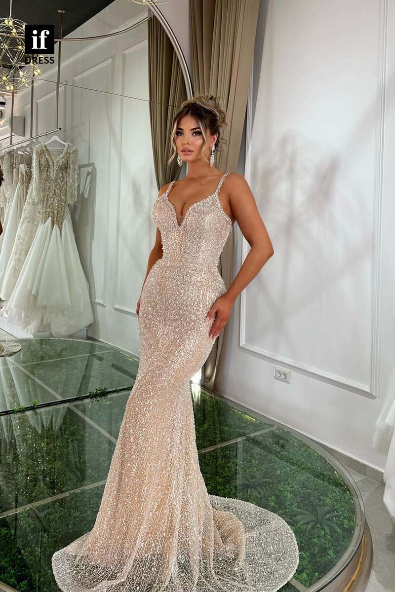 34613 - Generous Spaghetti Straps V-Neck Mermaid Beads Prom Evening Gown