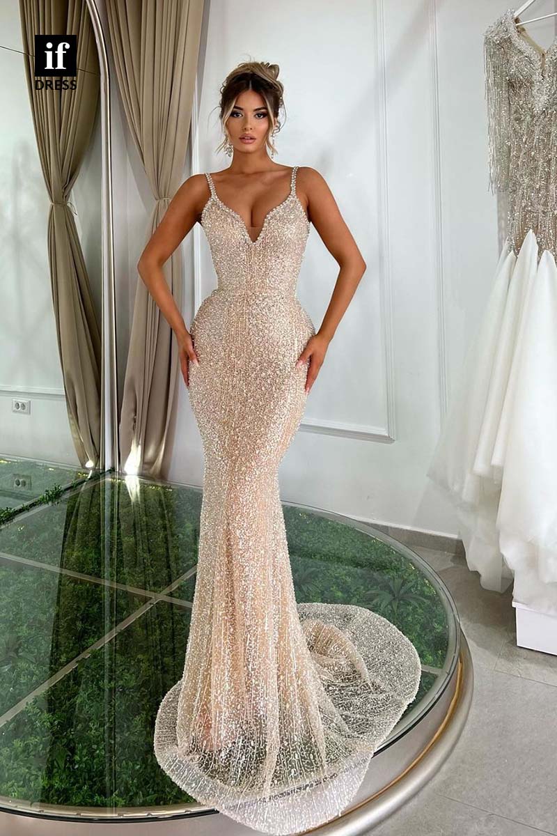 34613 - Generous Spaghetti Straps V-Neck Mermaid Beads Prom Evening Gown