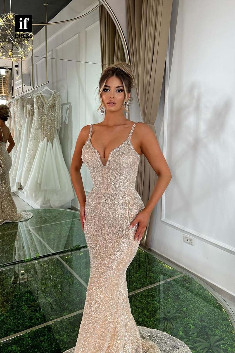 34613 - Generous Spaghetti Straps V-Neck Mermaid Beads Prom Evening Gown