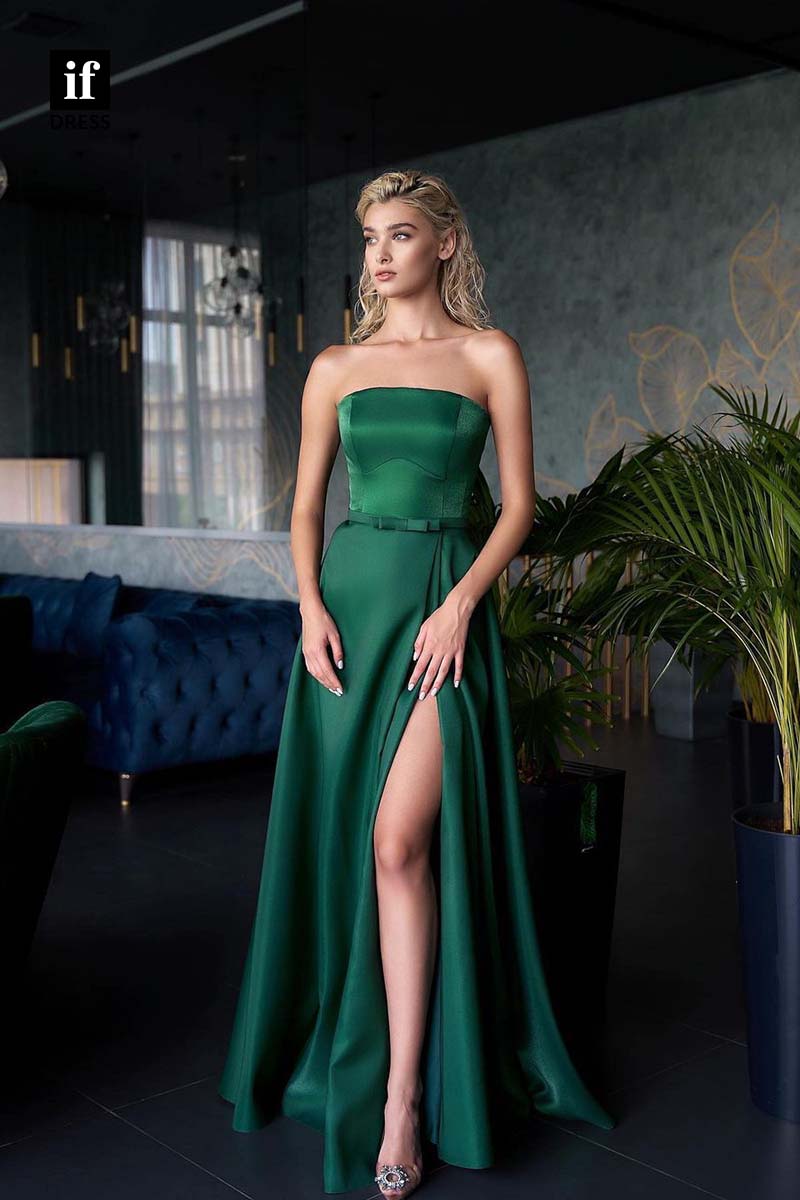 34616 - Off Shoulder Scoop A-Line Belt Side Slit Prom Evening Formal Dress