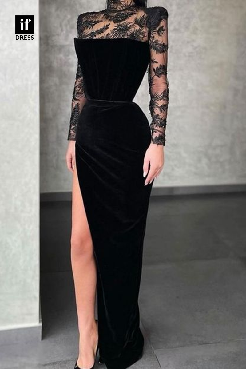 34617 - Unique High Neck Long Sleeves Lace Appliques Prom Evening Formal Dress