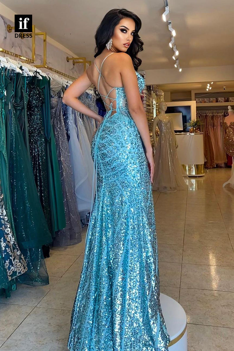 34624 - Sexy Spaghetti Straps V-Neck High Slit Prom Evening Formal Dress