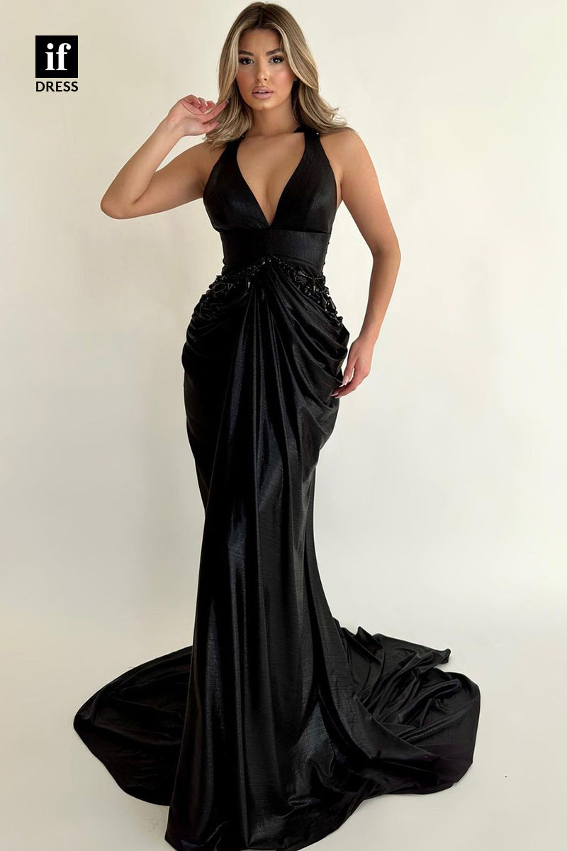 34628 - Mermaid/Trumpet V-Neck Ruched Beads Prom Evening Formal Dress