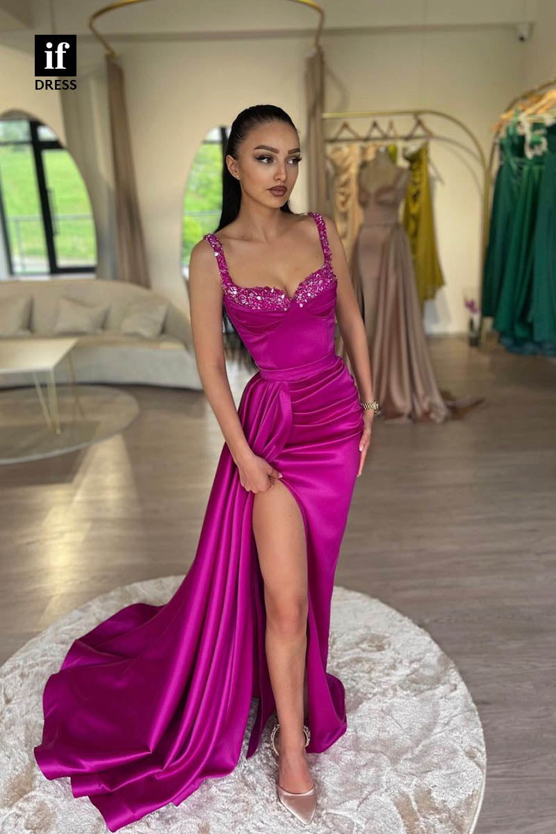 34636 - Elagant Straps Beads Pleats Prom Evening Formal Gown With Slit