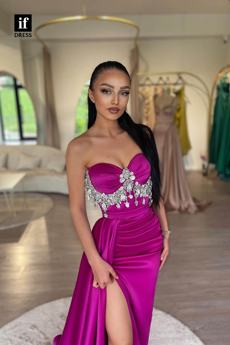 34637 - Classic Strapless Beads Pleats Long Prom Evening Formal Dress With Slit