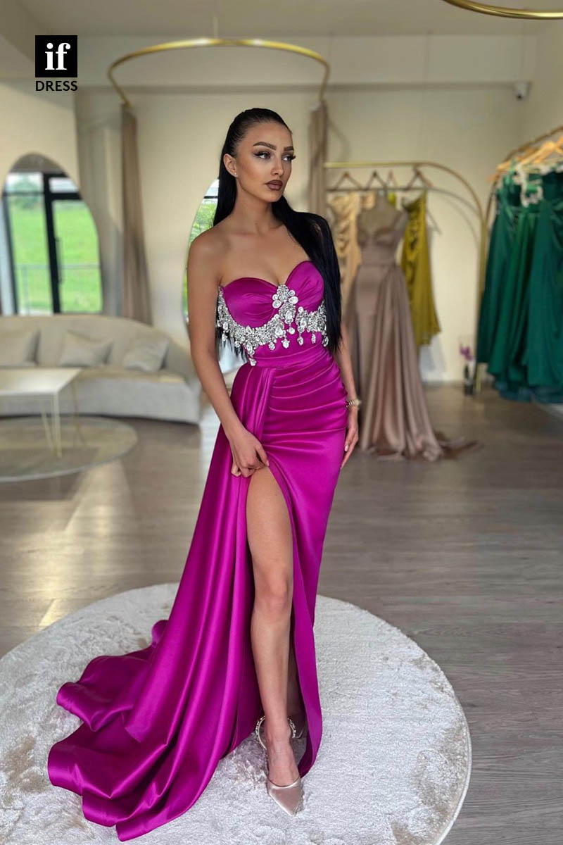 34637 - Classic Strapless Beads Pleats Long Prom Evening Formal Dress With Slit