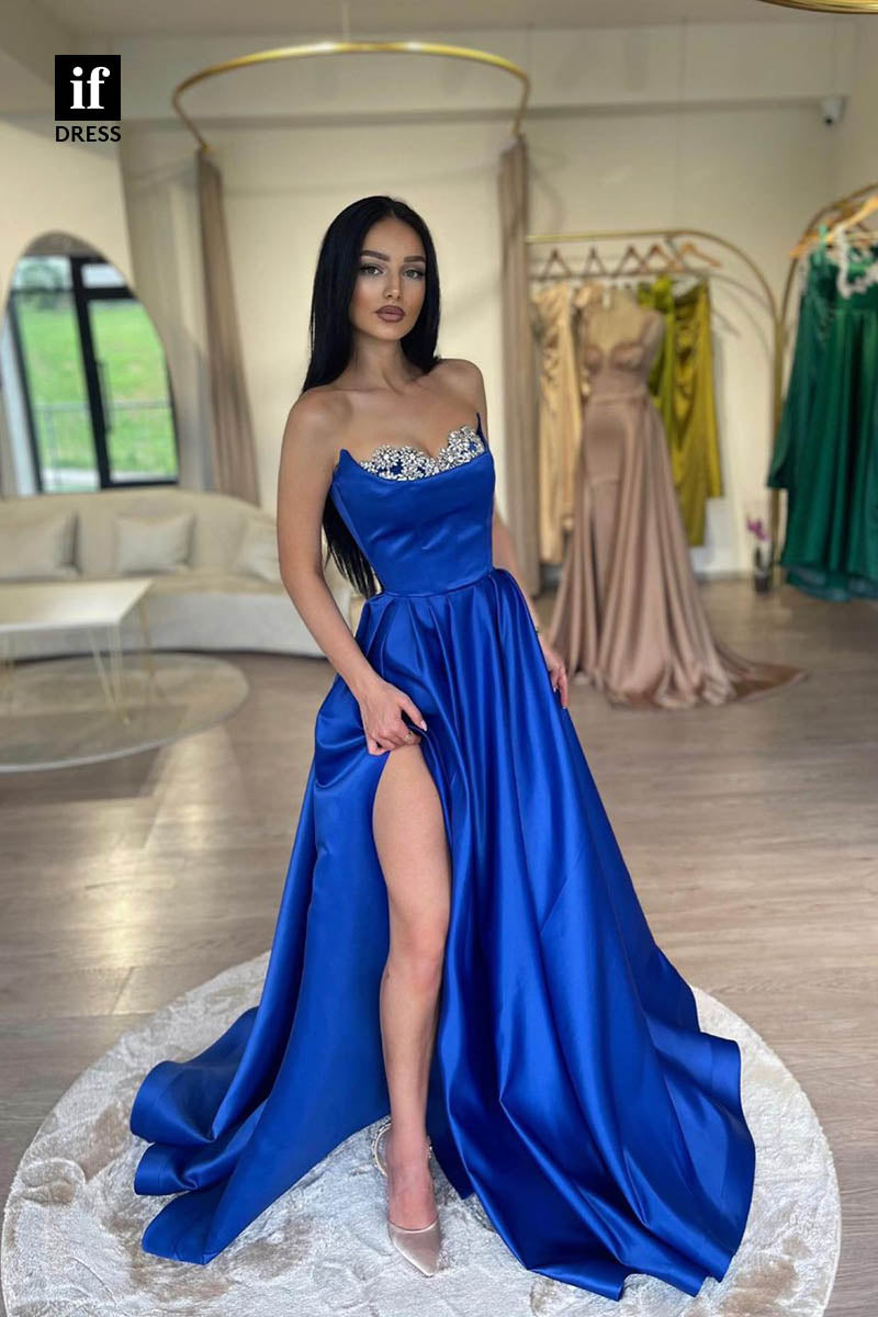 34642 - Wonderful Strapless Beads A-Line Side Slit Prom Evening Formal Dress