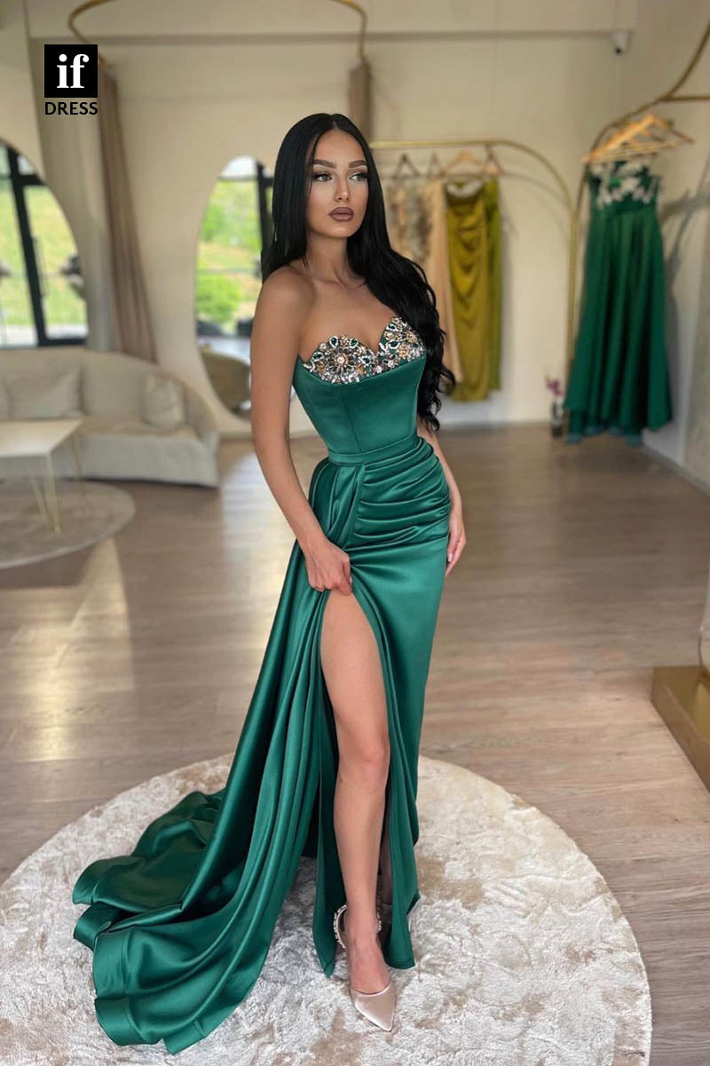 34648 - Chic Strapless Beads Pleats Long Prom Evening Formal Dress With Slit