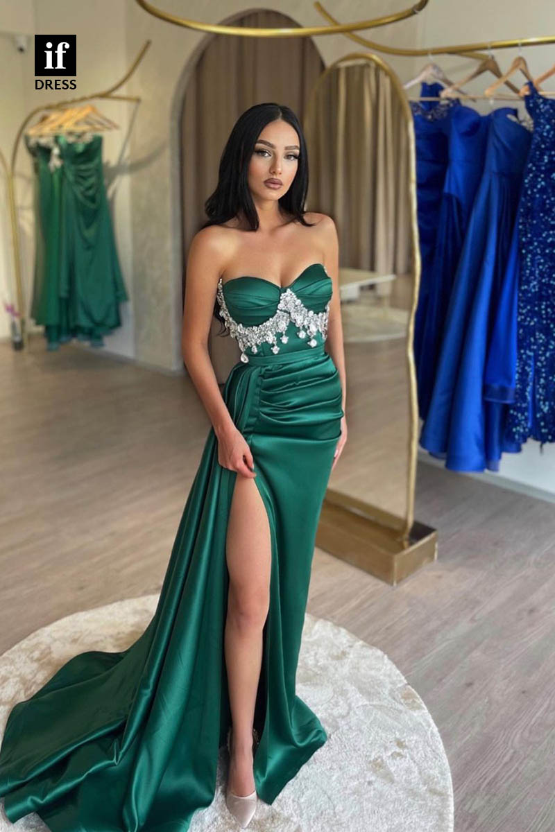 34649 - Classy Sweetheart High Slit Beads Long Prom Evening Formal Dress