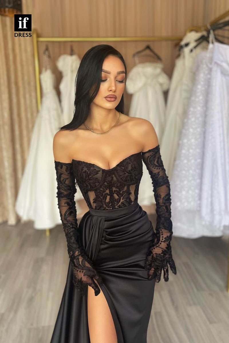 34652 - Sexy Off Shoulder V-Neck Long Sleeves Pleats Prom Evening Formal Dress