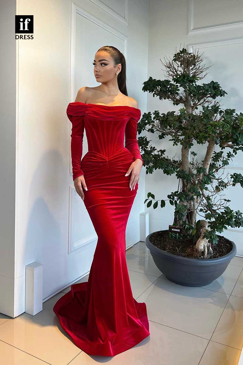 34690 - Charming Strapless Long Sleeves Mermaid Pleats Prom Evening Dress