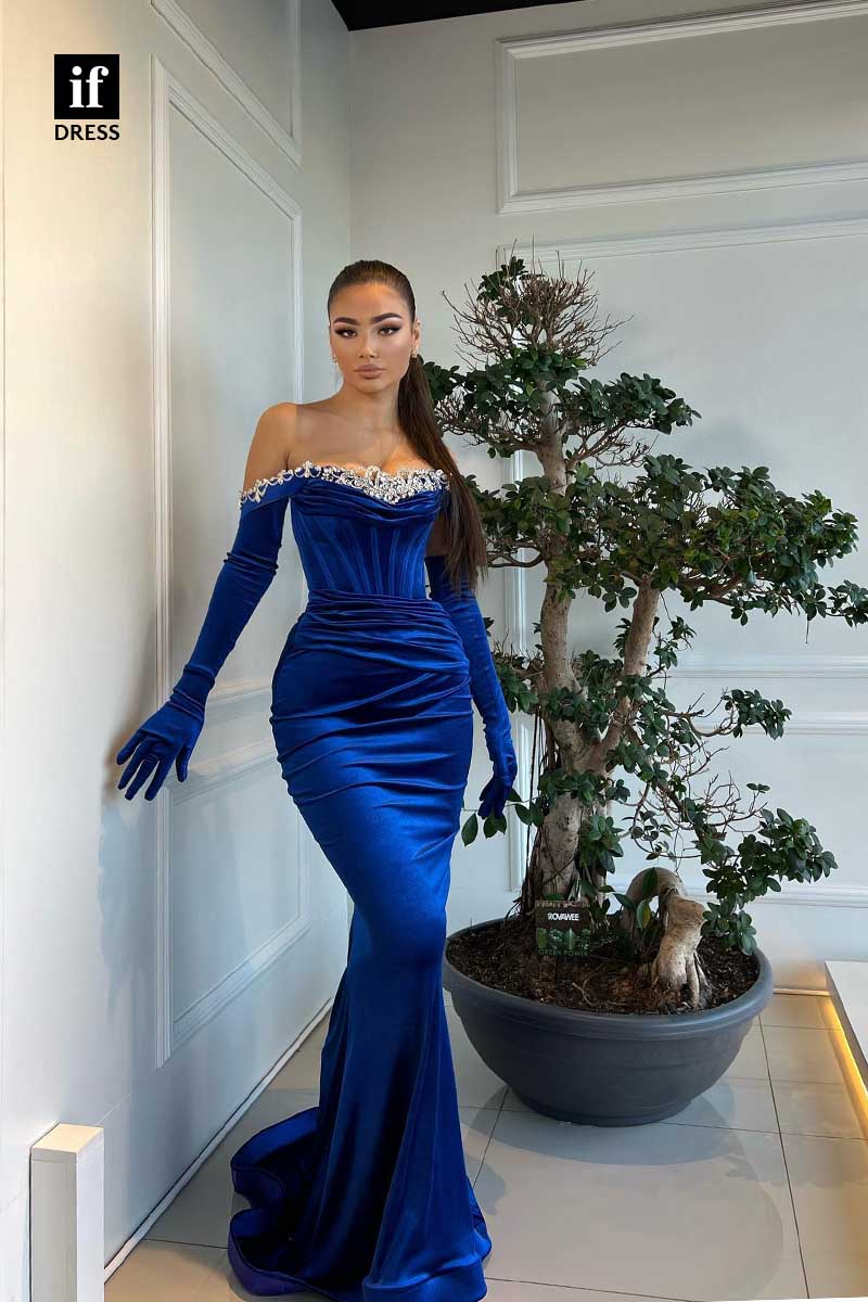 34692 - Glamorous Strapless Beads Mermaid Velvet Prom Evening Dress with Gloves