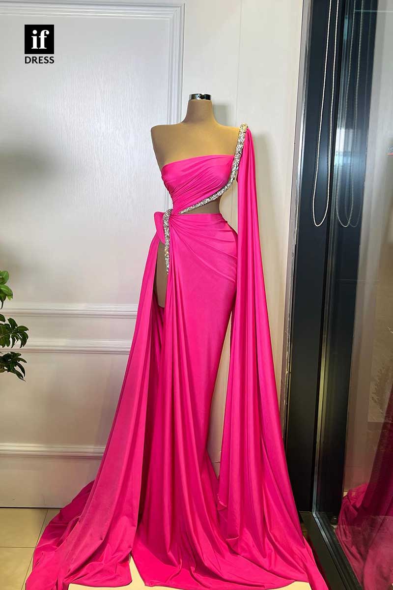 34695 - Attractive One Shoulder Pleats High Slit Prom Evening Formal Dress with Train