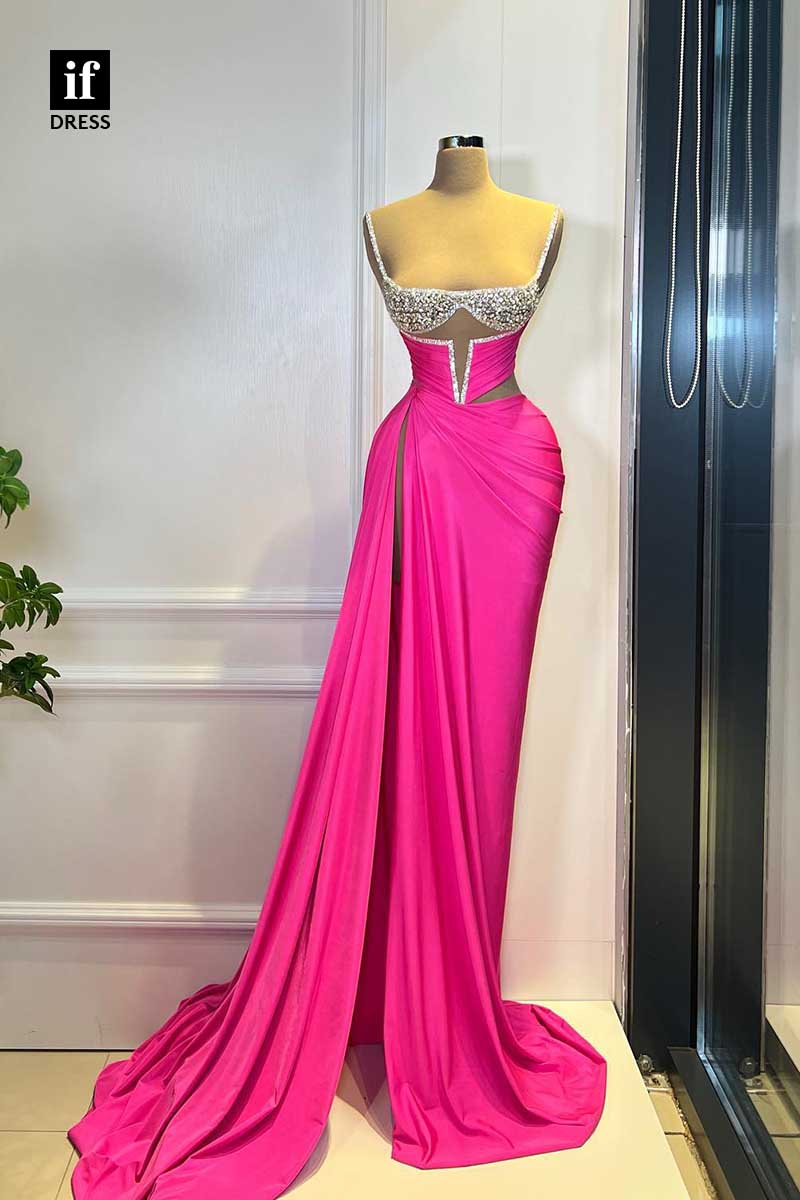 34696 - Chic Straps Scoop Beads High Slit Sheath Evening Prom Formal Dress