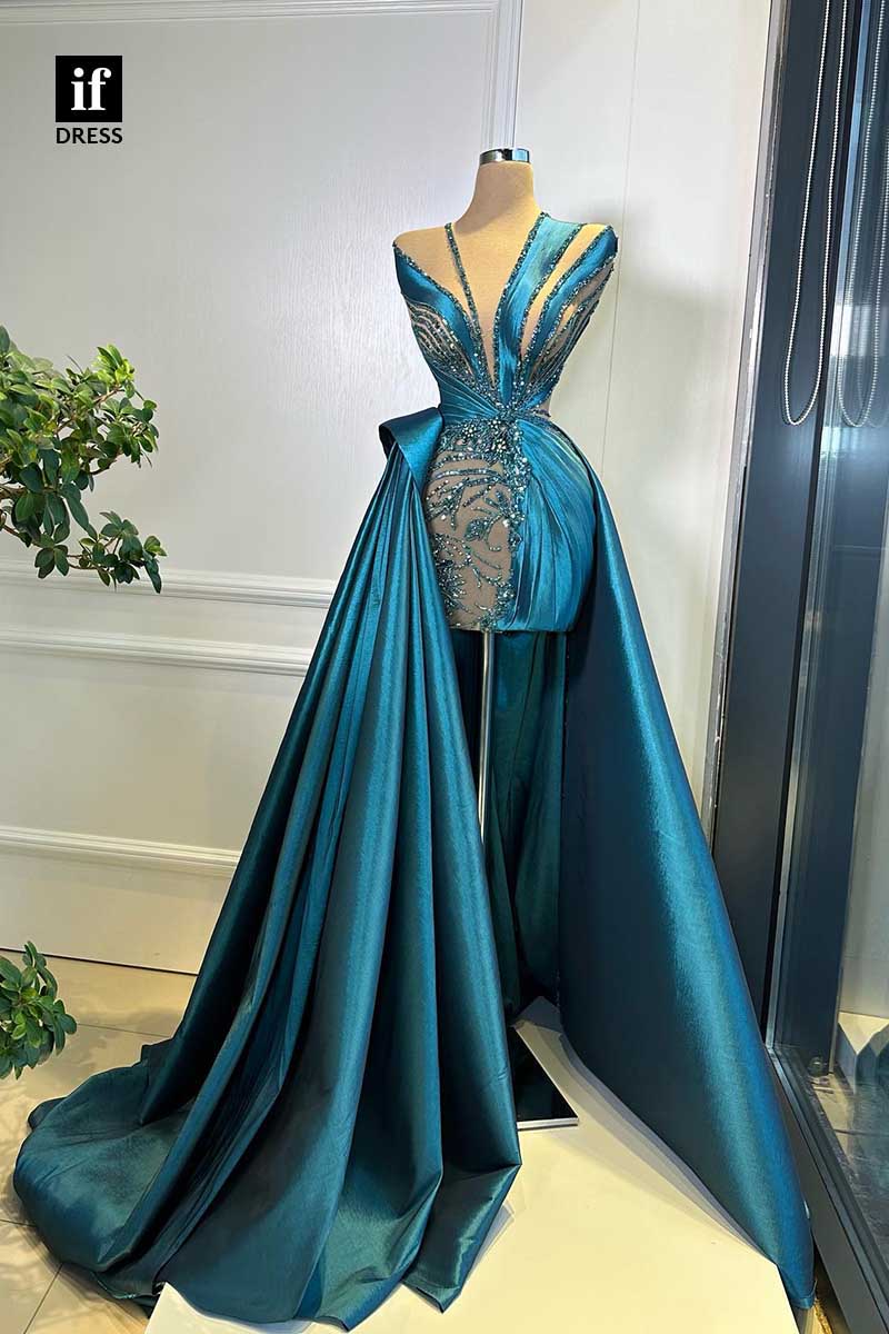 34697 - Luxurious A-Line Appliques Ruched Satin Evening Formal Dress with Train