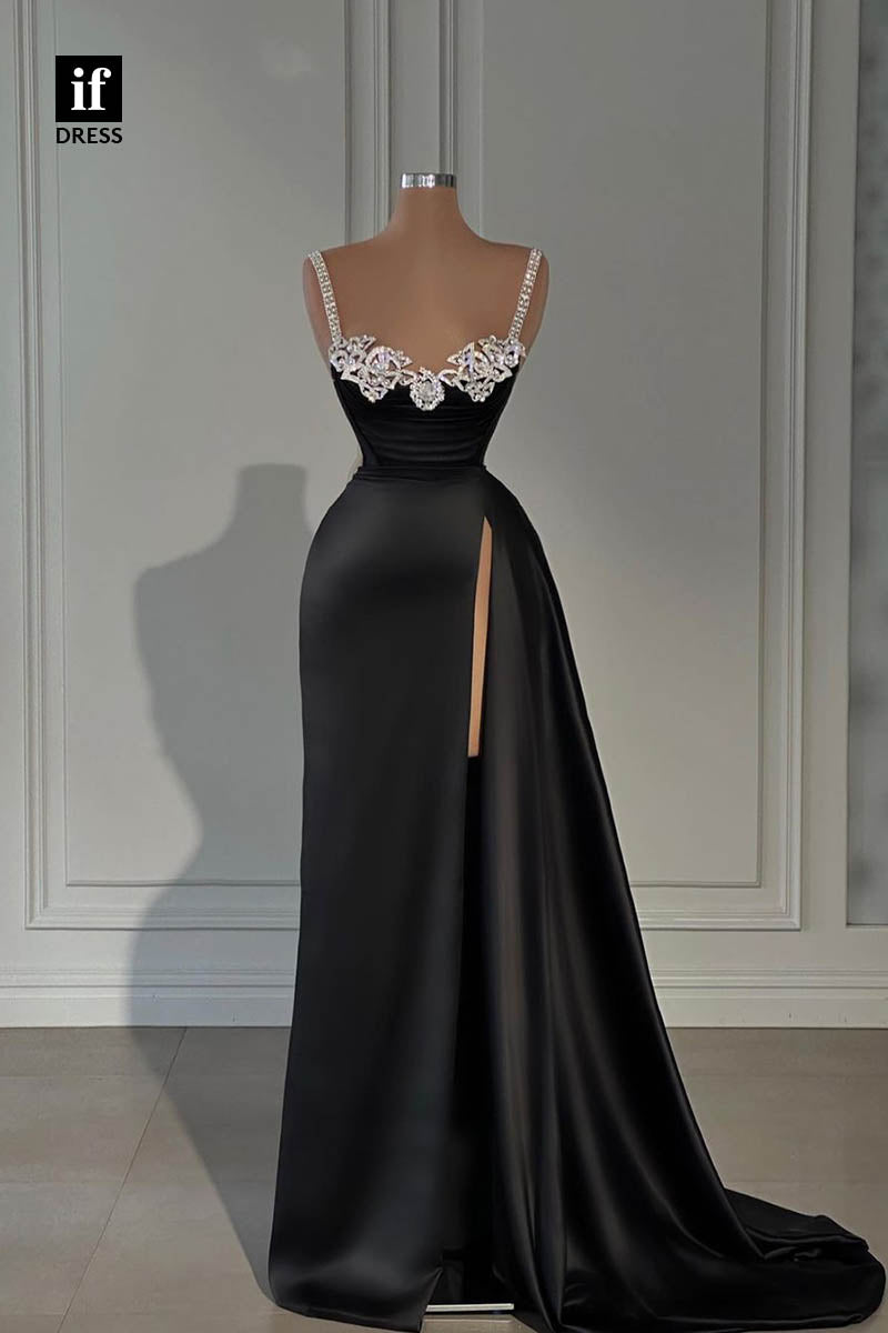 34704 -  Elegant Straps Beads High Slit Satin Prom Evening Formal Dress