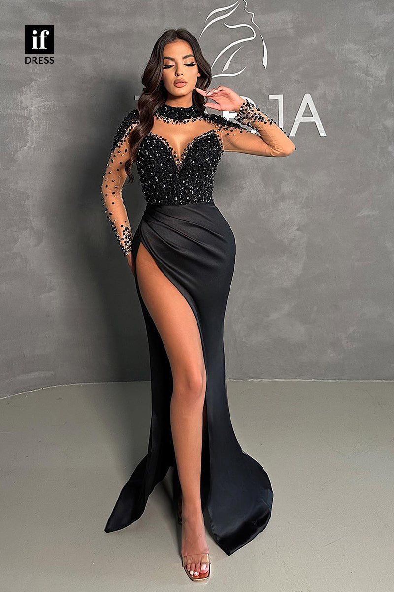 34714 - Charming High Neck V-Neck Beads Prom Evening Formal Dress with Slit