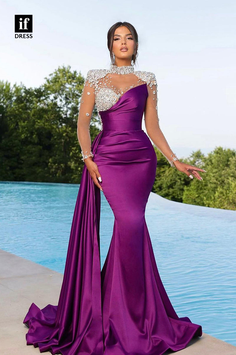 34745 - Stunning Beads High Neck Mermaid Pleats Prom Evening Formal Dress