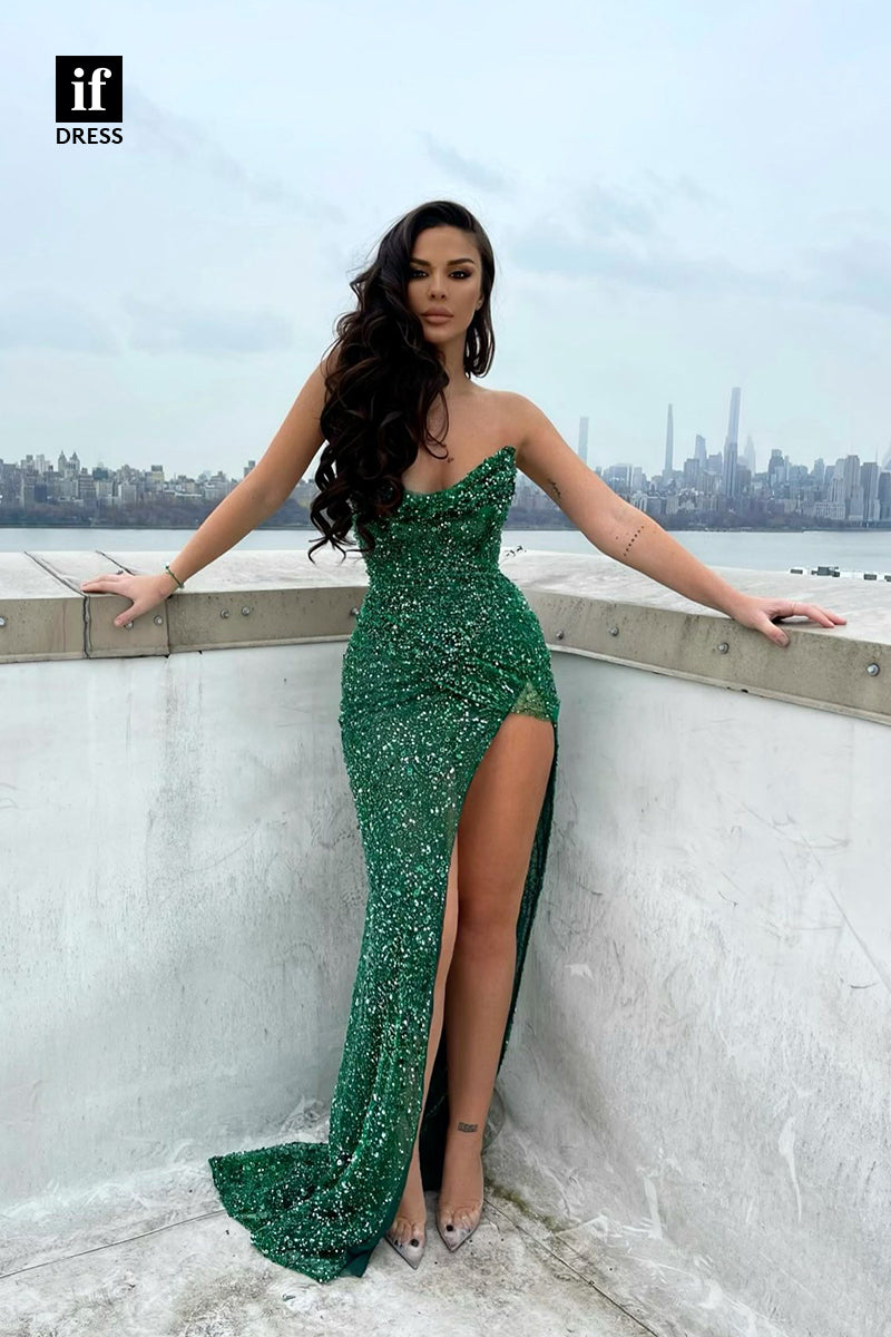 34779 - Sexy/Hot Strapless High Slit Scoop Full Sequins Prom Party Dress