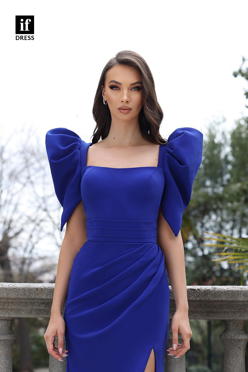 34786 - Elegant Sheath Pleats Puff Sleeves Satin Prom Evening Formal Dress