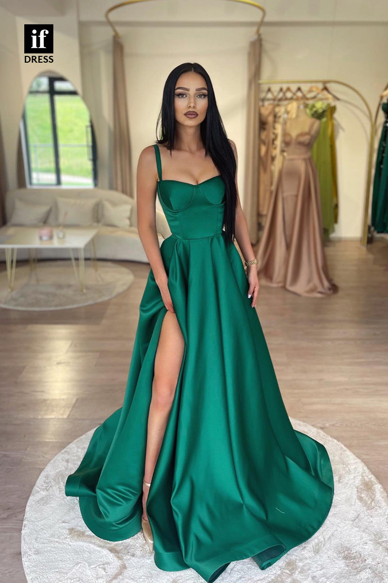 34809 - Timeless A-Line Straps Ruched Prom Evening Formal Dress with Slit