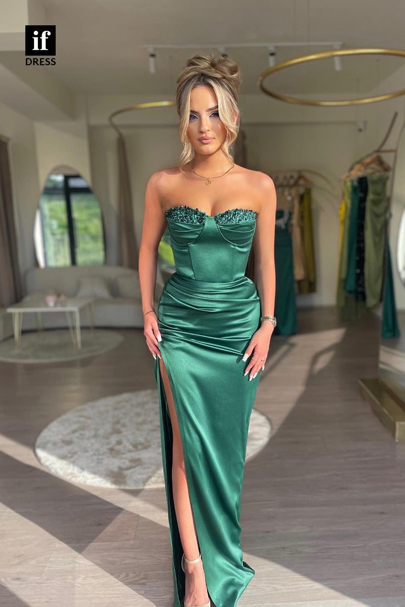 34814 - Off-Shoulder Top Sequins Pleats Side Slit Sleeveless Prom Party Dress