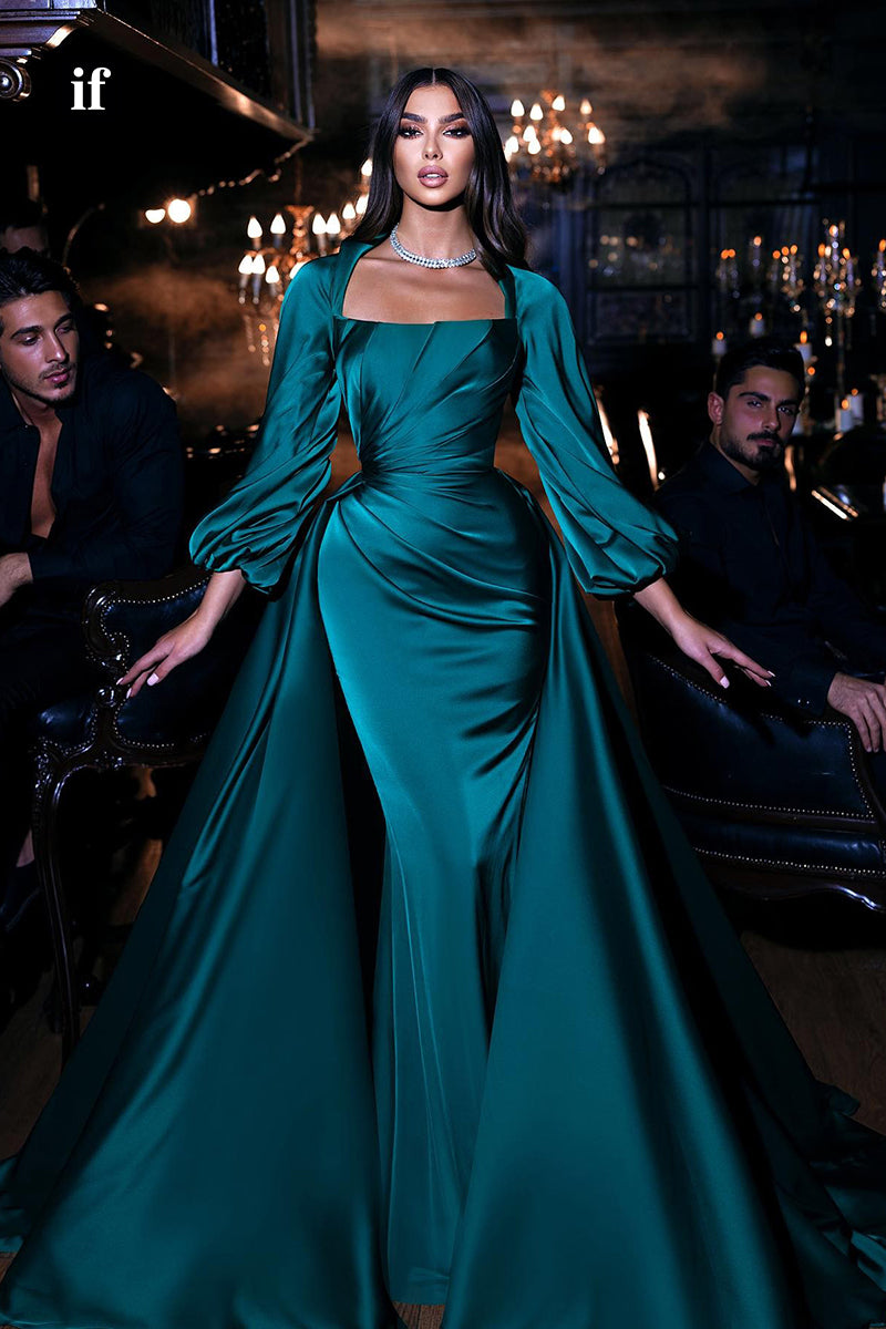 34815 - A-Line Square Long Sleeves Pleated Satin Train Long Prom Party Evening Dress