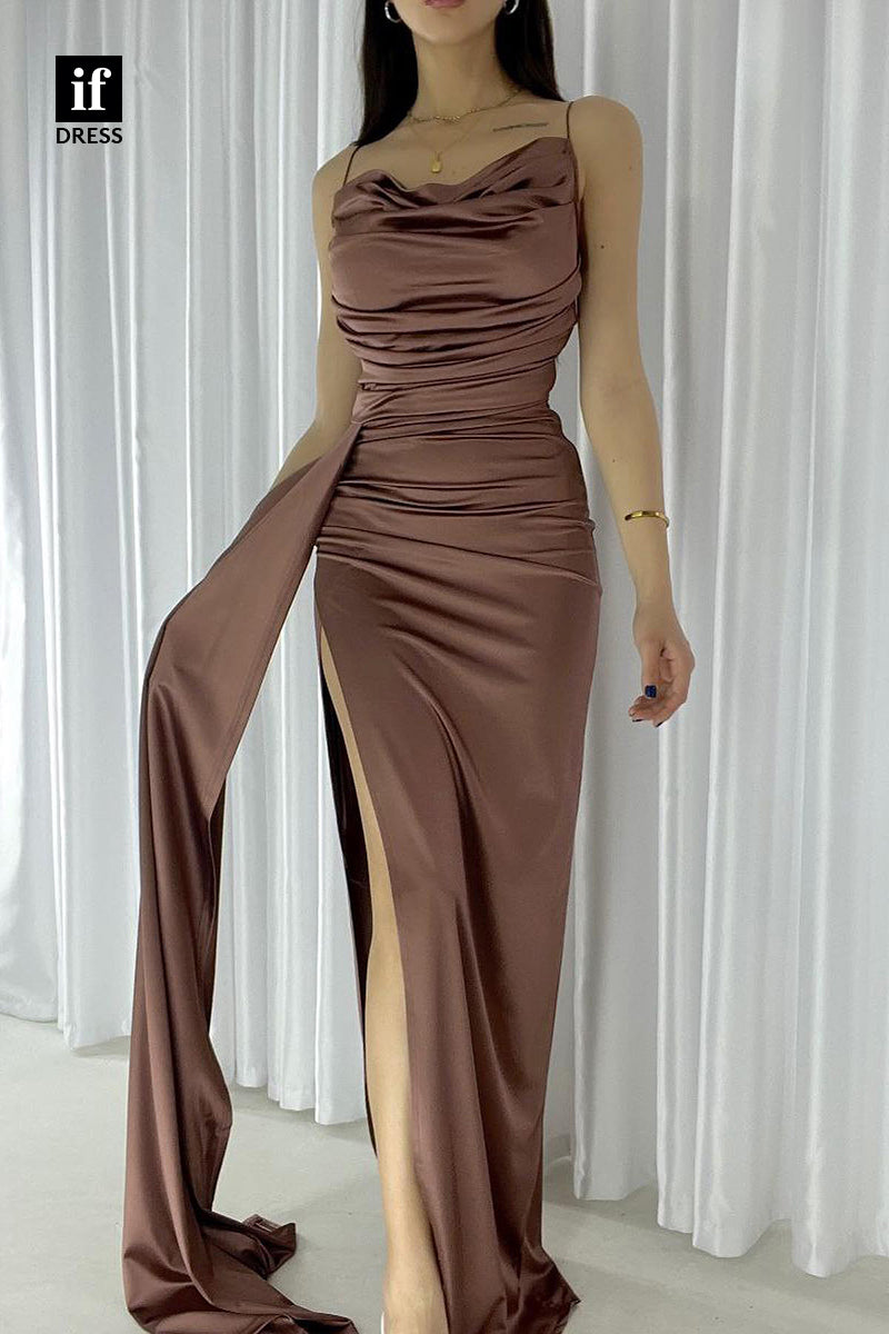 34821 - Classic Spaghetti Straps Pleats Side Slit Prom Evening Party with Train