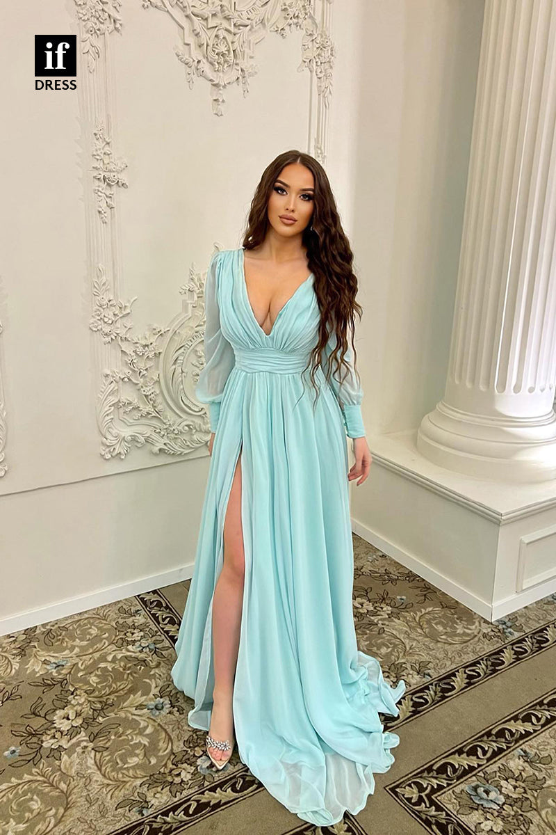 34838 - Elegant A-Line V-Neck Lone Sleeves Chiffon  Prom Evening Formal Dress with Slit