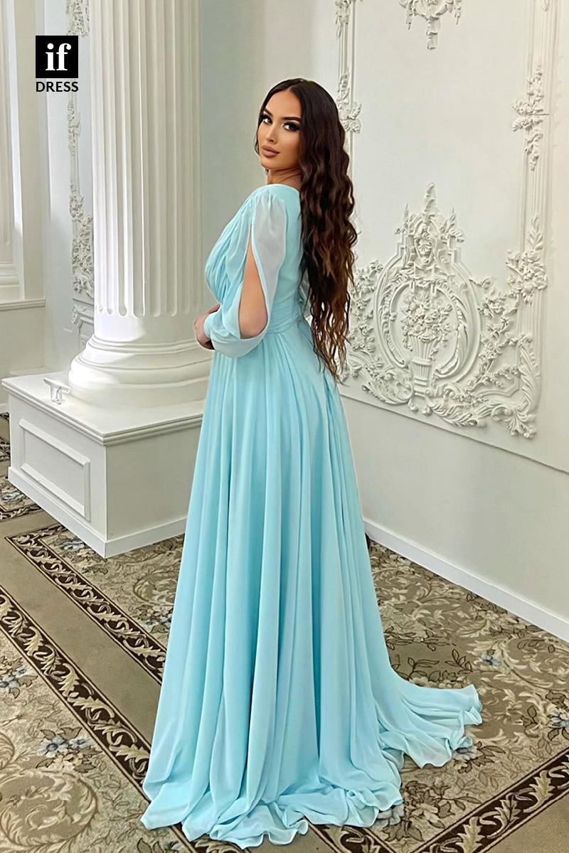 34838 - Elegant A-Line V-Neck Lone Sleeves Chiffon  Prom Evening Formal Dress with Slit