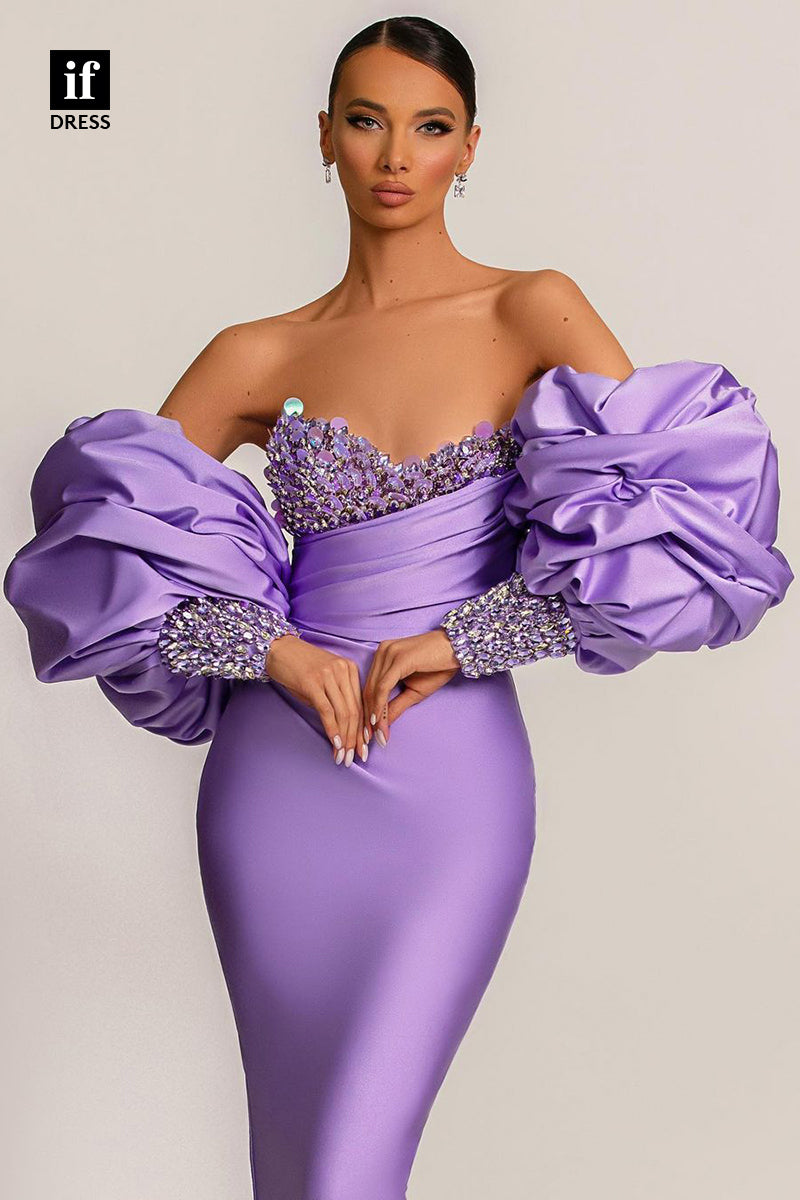 34849 - Off Shoulder Beaded Puff Sleeves Pleats Straight Long Prom Evening Formal Dress