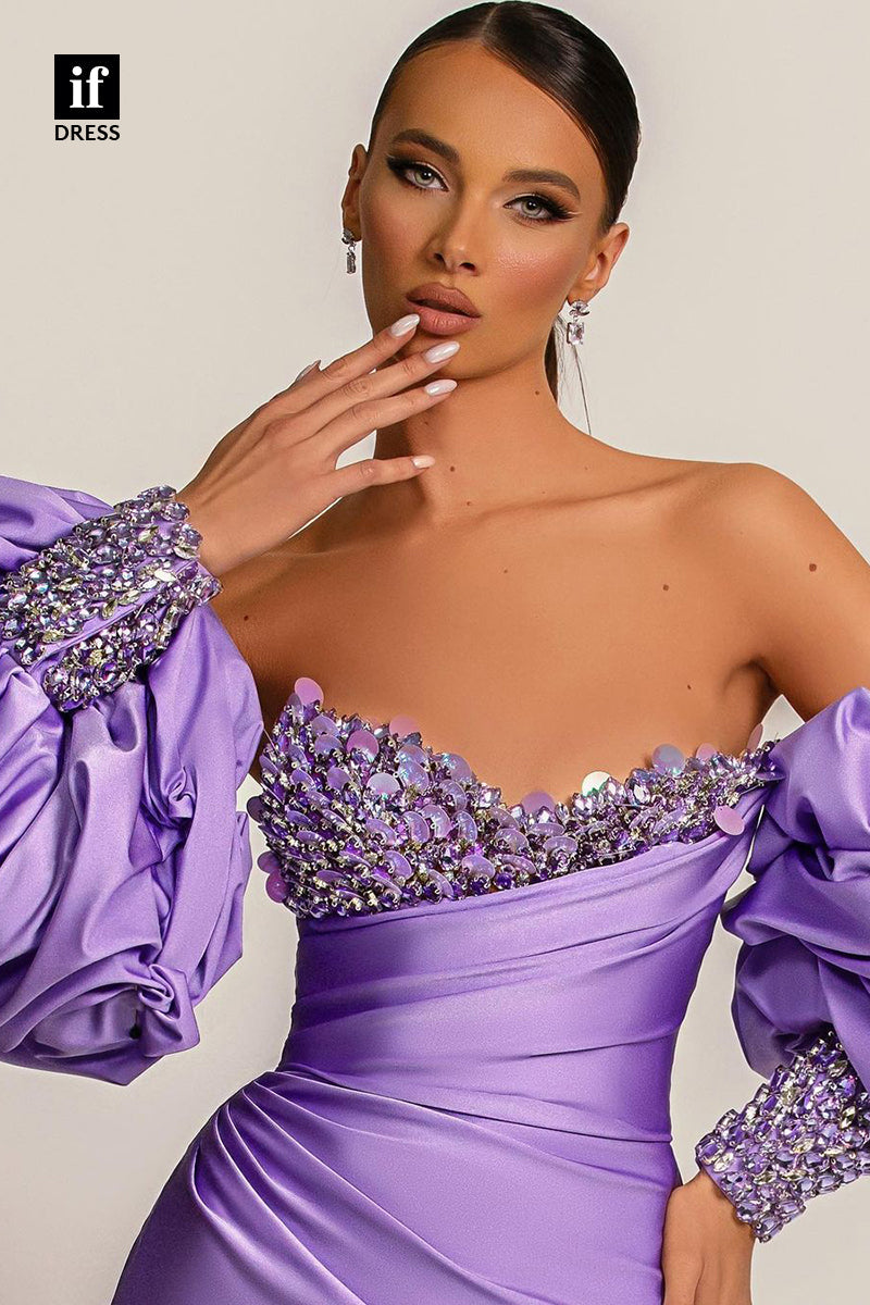 34849 - Off Shoulder Beaded Puff Sleeves Pleats Straight Long Prom Evening Formal Dress